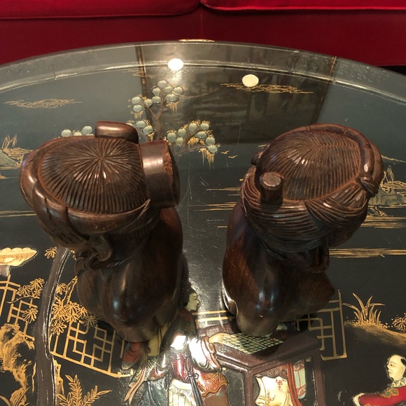 Wood Carved Statues Set Of 2 Unique Detail Carved Man & Woman - Picture 8 of 9